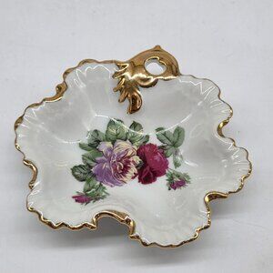 Vintage Porcelain Leaf Shaped Ring Dish With Gold Trim & Floral Design 5"x4.5"